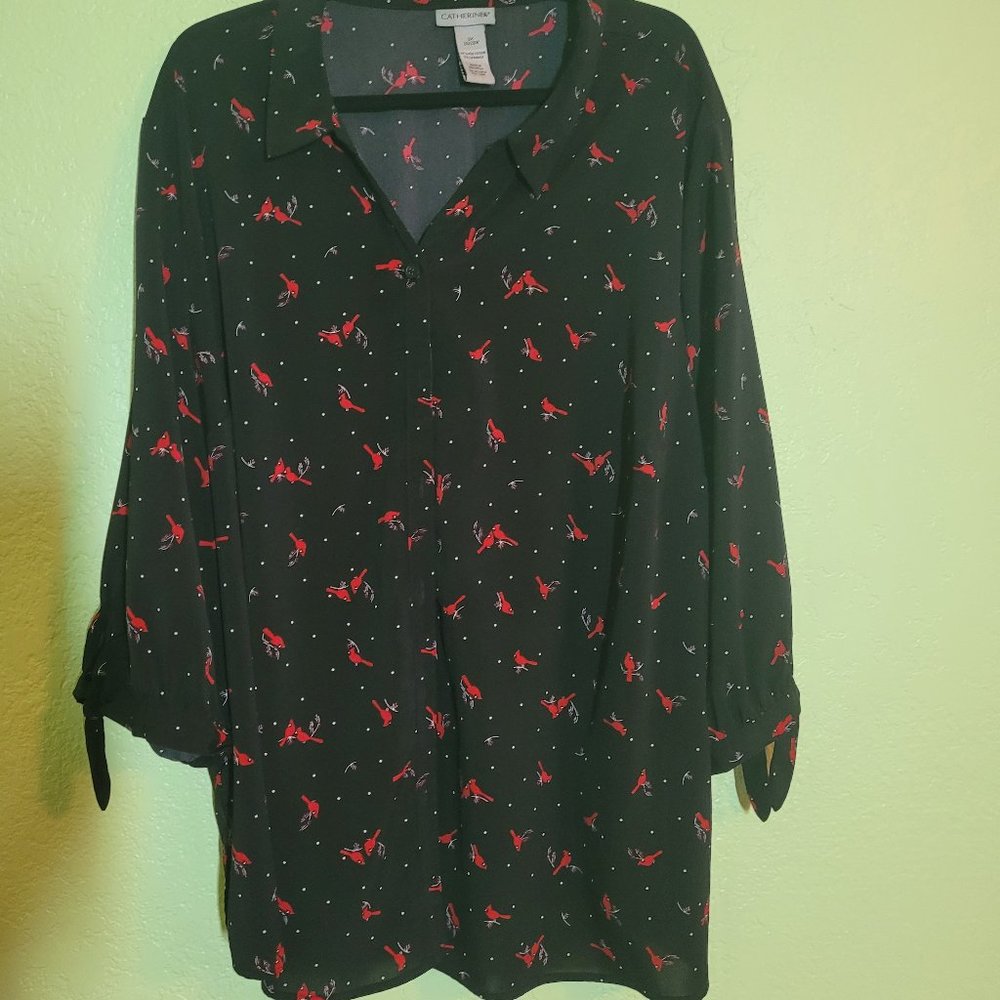 Catherines Black Red Cardinals Button Front Blouse Tie Sleeves 3X Plus s…
